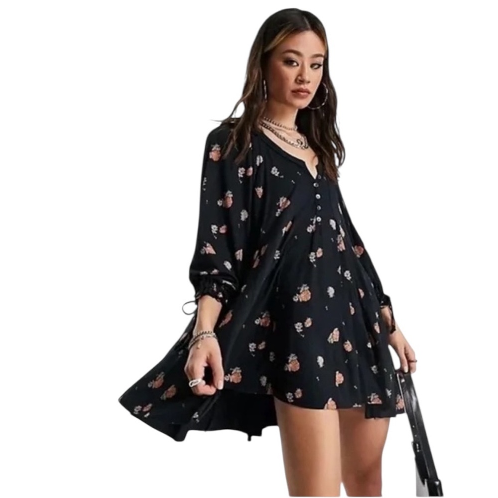 NWOT Free People Olivia Women’s Oversized Black Floral Mini Dress Babydoll, Lrg